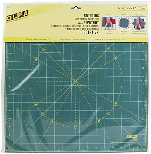 OLFA 17x17" 360-Degree Rotating Cutting Mat (RM-17S) - Self-Healing, Green | Two-piece rotating, 360-degree spin, self-healing surface - Trimming blocks and quilting shapes - Quilters and Crafters