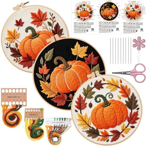 Konrisa Pumpkin Embroidery Kits, Stamped Embroidery Starter Kit for Adult with Hoop,Needlepoint Cross Stitch Kit,Set of 3