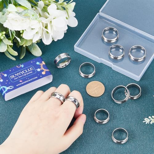 SUNNYCLUE 1 Box 18Pcs Stainless Steel Grooved Finger Ring US Size 7/8/9/10/11/12 Core Blanks 8mm Wide Empty Round Grooved Inlay Ring Blanks for Jewelry Making Kits Men Women DIY Craft Supplies