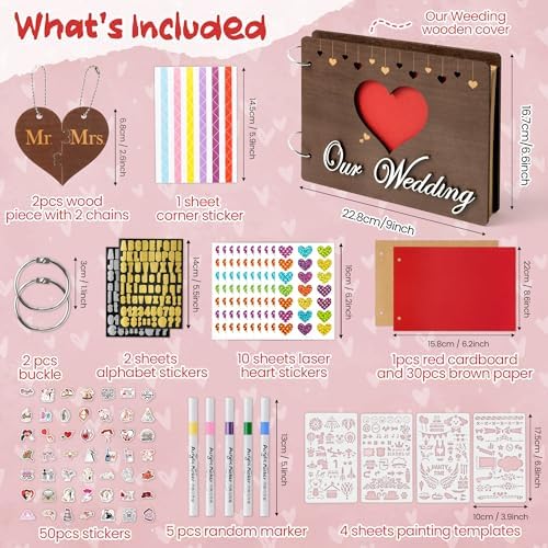 CY2SIDE Our Wedding Scrapbook Album - 111PCS DIY Wooden Memory Photo Book Craft Kit with Stickers Markers Stencils Photo Corner Mr & Mrs Ornament, Picture Journal Gift for Bridal Wedding Anniversary