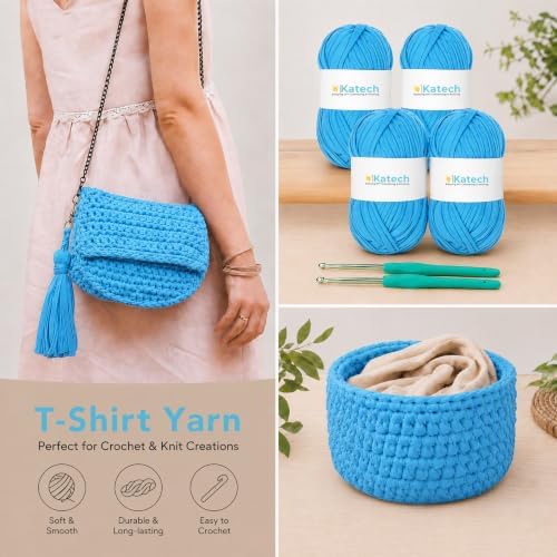 Katech 400g T-Shirt Yarn for Crocheting, Elastic Fabric Yarn for Bag-Blue