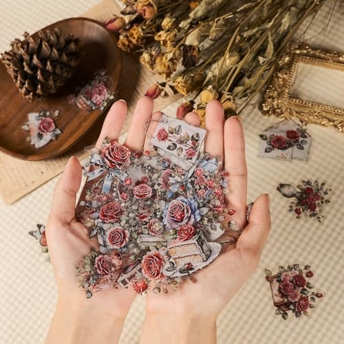 56PCS Vintage Rose Clear Stickers Pack, Watercolor Floral Scrapbook Stickers, Red Flower Aesthetic Decals for Journaling, Planner, Valentine's Day Crafts, Collage Decoration