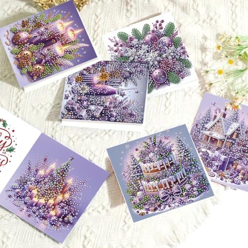 6Pcs Christmas Greeting Card DIY Diamond Art Painting Greeting Cards Blessing Folding Card Kit with White Envelopes Diamond Arts Crafts for Birthday Festival Gift-Purple