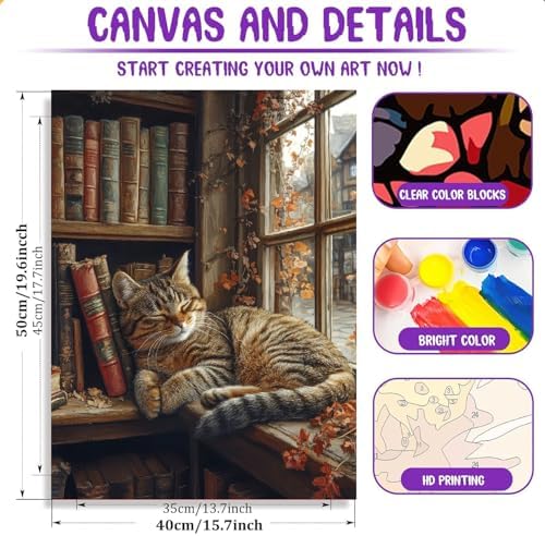 Clendo Sleeping Cat Paint by Numbers Kit for Adults - Bookshelf Paint by Numbers for Adults Beginner, DIY Acrylic EasyPainting by Number on Canvas Home Wall Decor 16”W x 20”L