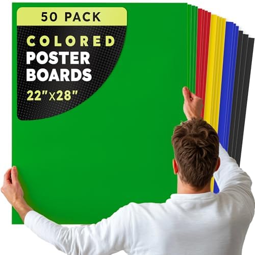 Hygloss Large Colored Poster Board 22x28-50 Assorted Standard Color Bulk Pack - Red, Yellow, Green, Blue, Black - 10 Pt. Thickness Poster Board Paper - Posterboard Multipack 22" x 28"