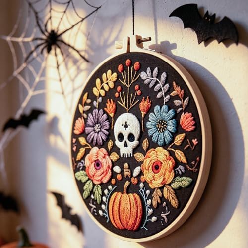 FONNUY Halloween Embroidery Kits for Beginners,Skull Pumpkin Spider Web Floral Stamped Cross Stitch Kit for Adults, Spooky Season Boho Wall Decor, 8'' Hoop (Skull 2)