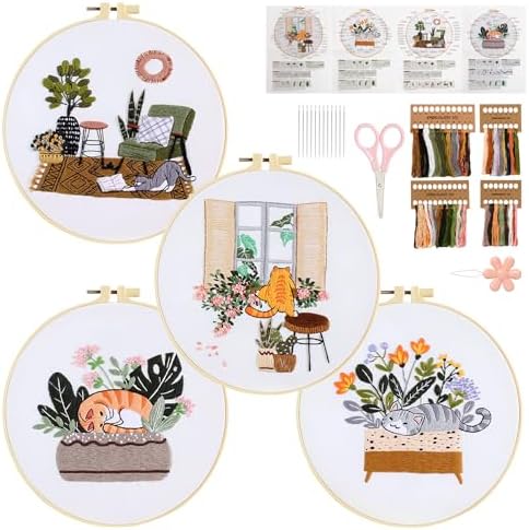 4 Sets Pussy Cat Embroidery Kit for Beginners with Tool Set Cat Pattern