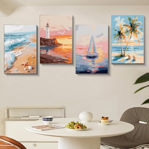 Gemozaic 4 Pack Beach Framed Paint by Numbers Kit for Adults, 8 x 12 Inch