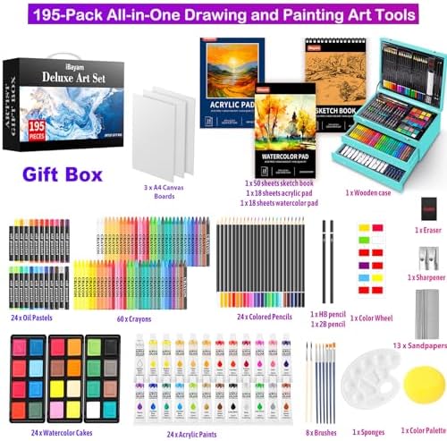iBayam 195-Pack Deluxe Art Kit – Painting & Drawing Set for Adults