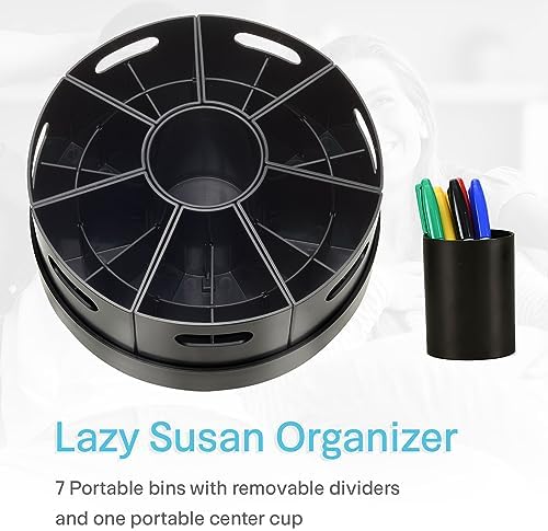 Black Rotating Desk Organizer with Dividers Lazy Susan Caddies for Home School Office Supplies, Pens, Markers and Art Supplies for Classroom