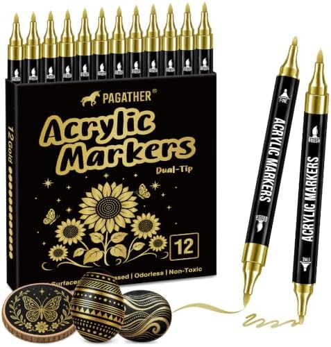 Pagather Gold Acrylic Paint Markers, 12 Dual Tip with Fine Tip and Brush Tip Pens for Fabric, Stone, Wood, Canvas, Ceramic, Metal, Glass, Rock Painting, DIY Crafts