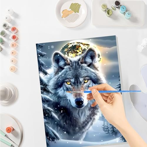 SENQAO Christmas Paint by Numbers for Adults Framed, Wolf Adults' Paint-by-Number Kits, Adult Paint by Number Kits on Canvas, Acrylic Number Painting for Home Decor, 8x12inch