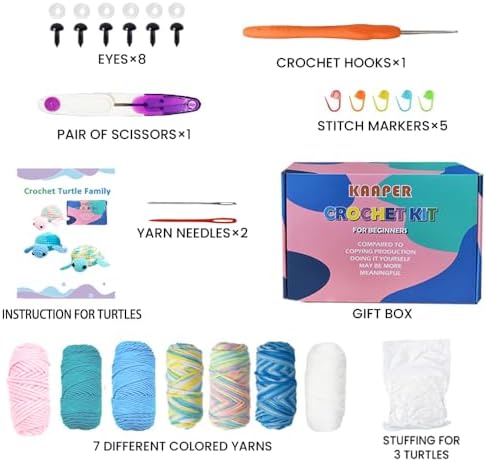 Kaaper Crochet Kit for Beginners Adults, Beginner Crochet Animal Kit Turtles Family Kit 3 pcs, Crochet Starter Kit & Knitting Supplies with Step-by-Step Video (Turtles Family)