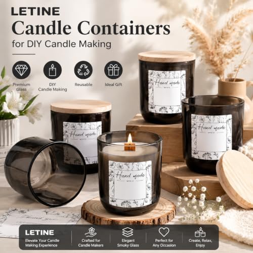 LETINE 12PCS 8oz Smoke Gray Glass Candle Jars with Lids - Perfect for Storage & Gifts | Durable Candle Containers for Bulk Candle Supplies, Wedding Favors & Christmas Decor