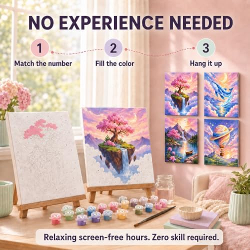 Paint by Numbers Kit for Adults, Set of 4 Framed Canvases, Cozy Vintage