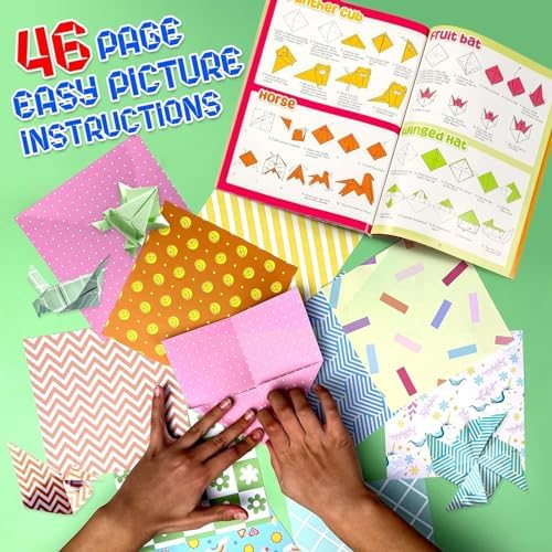 BRYTE Ultimate 450 Sheets Rainbow Origami Paper Kit Double Sided, 400 Sheets Solid Color Paper with 50 Origami Paper, Large 46 Page Illustrated Guide Book, Arts and Crafts for Kids Ages 8-12