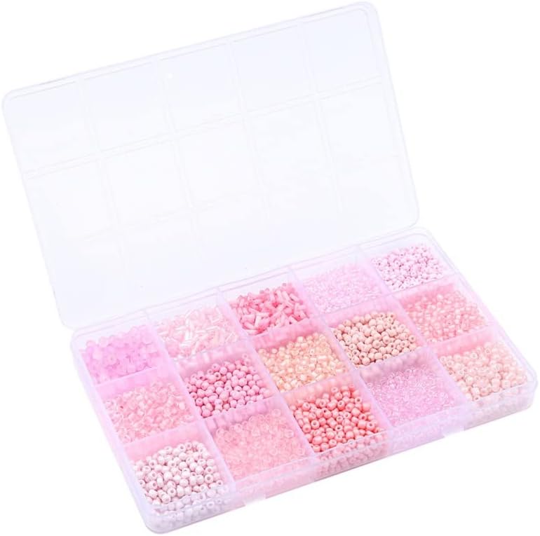 15 Grid Pink Glass Seed Bugle Tube Beads Kit for Jewelry Making DIY Craft