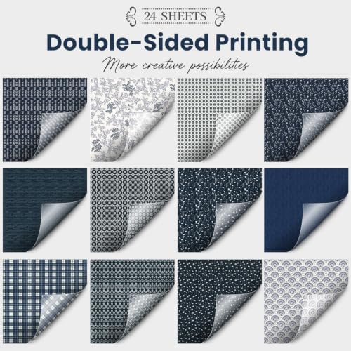 Gingham Scrapbook Paper 12x12 Blue,24 Sheets Double-Sided Bohemian Floral Patterned CardStock Paper Pad Boho Tone Decorative Craft Papers for Holiday Cardmaking DIY Origami Papers.