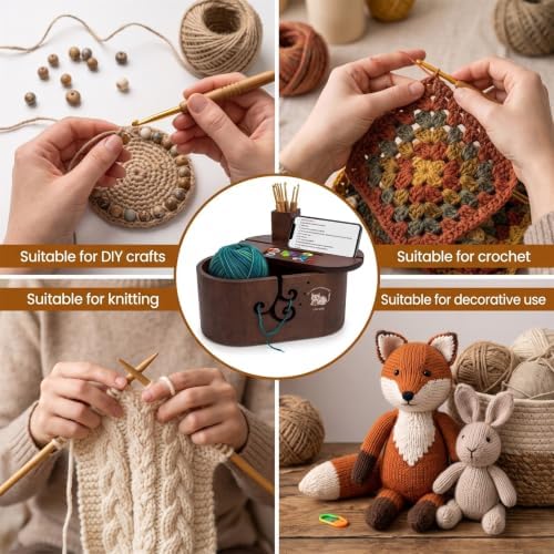 Oval Wood Yarn Bowl Set with Lid, Large Knitting & Crocheting Yarn Holder with 9 Metal Crochet Hooks & 10 Stitch Markers, Built-in Phone Stand, Yarn Storage Organizer for Crafters