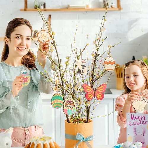 80PCS Wooden Easter Ornaments to Paint, 8 Styles DIY Blank Unfinished Wood Cutouts Ornament for Crafts Hanging Decorations, Egg Rabbit Bunny Butterfly Flower Hen Happy Easter