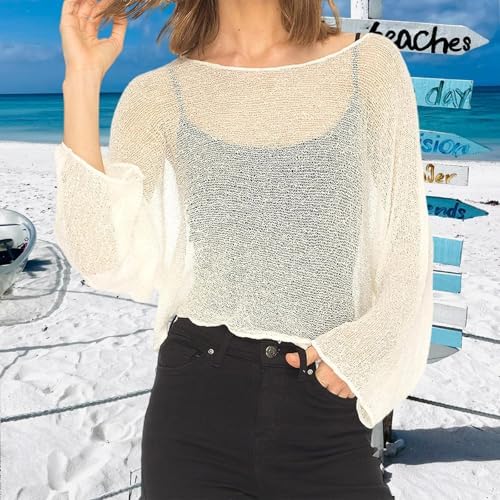 Nicoxijia Women Y2K Sheer Knit Poncho Top Lightweight Summer Beach Knit Shrug Shawl Bolero Off Shoulder Mesh Sweater Cover Up