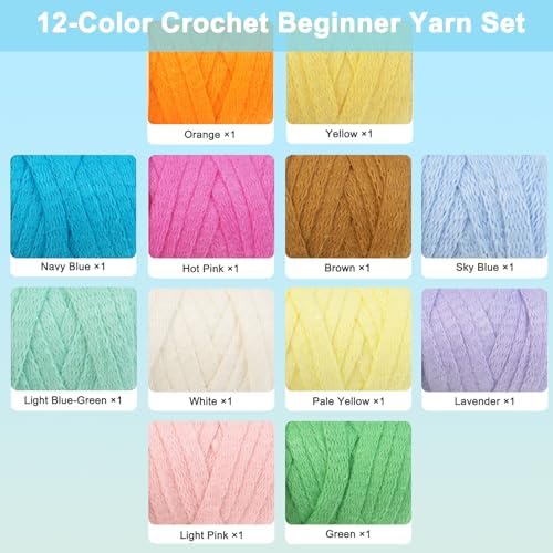 Crochetta Crochet Kit for Beginners Adults - Complete Starter Set with Crochet Hooks, Scissors, Stitch Markers + 12-Colored Yarn 45-50 Yards (20g) per Color