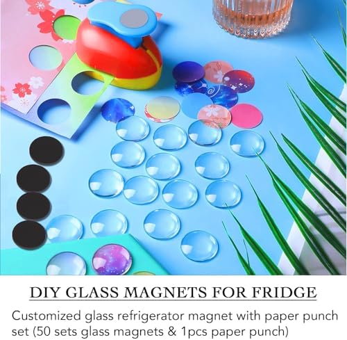 97pcs DIY Fridge Magnets Craft Set Include 1-Inch Paper Punch,Craft Magnets Glass Ceramic Ferrite Magnet with Adhesive Backing and Clear Glass Cabochons for Refrigerator (48 Sets,1 Inch, Round)