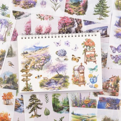 RISYPISY 388pcs Landscape Theme Sticker Book Washi Stickers for Journaling | 50 Sheets of Ephemera Stickers for Junk Journal, Scrapbooking, Planners & Collage Crafts