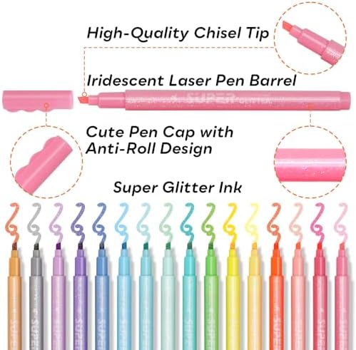 HANKU Glitter Highlighters, 16 Pack, Assorted Chisel Tip Aesthetic Markers