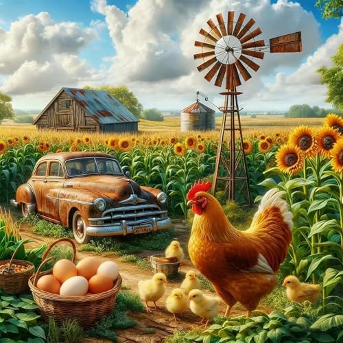 Accompany Wind Chicken Diamond Art Kits for Adults, 5D Farm Scenery Diamond Painting Kits for Beginners,DIY Round Full Drill Diamonds Gem Art Crafts for Home Wall Decor Gifts 14x14 Inch