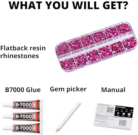 6500Pcs Dark Pink Rhinestones for Bedazzling, Bedazzler Kit with Flatback Craft Rhinestones Bulk and B7000 Glue, 2,3,4,5,6mm Resin Flat Back Crystals for Craftings, Clothes, Nails