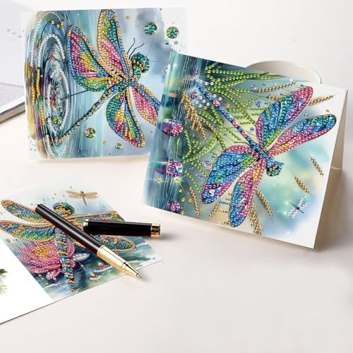 6 Pcs 5D Diamond Painting Greeting Cards Kits Dragonfly, Handmade Festival Greeting Cards with Envelopes DIY Diamond Art Crafts Birthday Cards Shimmer Design for Birthdays Holidays (30x15cm)