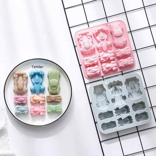 2 Pack Racing Car Chocolate Silicone Molds, 9-Cavity 3 Styles Racing Car Shape Tray for Cake, Pudding, Gummy, Jello, Resin, Ice Cube, Biscuits and Cake Decorating, DIY Crafts
