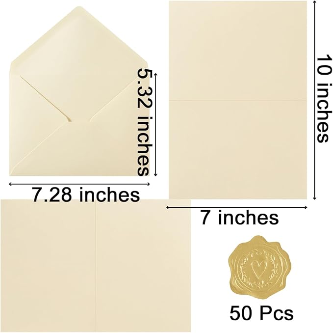 50 Pack Cream A7 Envelopes with Cards and Gold Stickers, 5x7