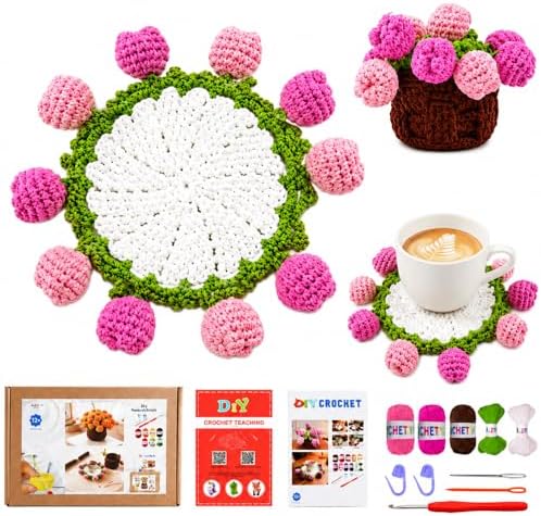 Yarniss Beginners Crochet Kit, Tulip Flower Coaster Set w/Video Guide
