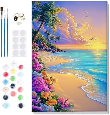 Bowetile Framed Paint by Numbers Sea for Adults Beginners, Adults' Paint-by-Number Landscape Kits, Easy Adult Paint by Number Kits on Canvas, Acrylic Number Painting for Home Decor, 8x12in
