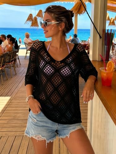 Womens Crochet Top Summer 3/4 Sleeve Cover Up V Neck Boho Tops