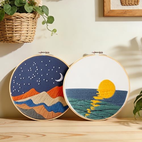 Armindou Hand Embroidery DIY Kits for Beginners Adults, Sea Sunrise Embroidery Set Needlepoint Kits, Stamped Cross Stitch Kits for Beginners Adults, 2 Embroidery Hoops, Fabric(Attached Video Tutorial)