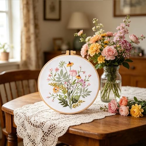 Silentsea Floral Embroidery Kit for Beginners – All-in-One DIY Stitching Set with Pre-Printed Fabric, Hoop & Threads – Perfect for Relaxing Craft Lovers.