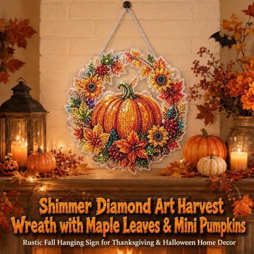 Autumn Harvest Pumpkin Diamond Art Hanging Ornament Kit, Halloween Diamond Art Hanging Kits, DIY Diamond Art Hanging Sign, Acrylic Diamond Painting Window Hanging Decor for Home, Garden,Porch,Mantel