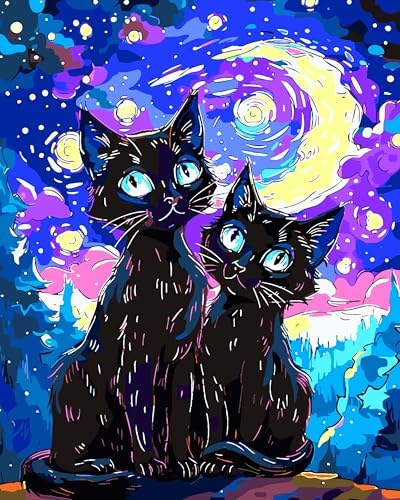 Yunnuo Paint by Numbers Kit for Adults Beginner,Two Black Cats Paint by Numbers, Starry Night Cat Number Painting Suitable for Home Wall Decoration and Gifts (16x20 Inch)