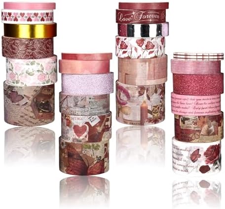 Washi Tape Set, 24 Rolls Red Vintage floral Journaling Supplies,for Christmas Valentine's Day Journaling Supplies Journal Scrapbook Tape, Bullet Journaling Scrapbooking Supplies, DIY Art Decorative