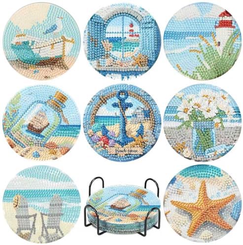 8 Pcs Beach Diamond Art Coasters Kits, Diamond Painting Coasters Kits ﻿ ﻿