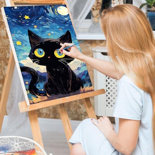 Bowetile Starry Night Cat Paint by Numbers for Adults Beginners Framed, Easy Adults' Paint-by-Number Kits, Adult Paint by Number Kits on Canvas, Acrylic Number Painting for Home Decor, 8x12in