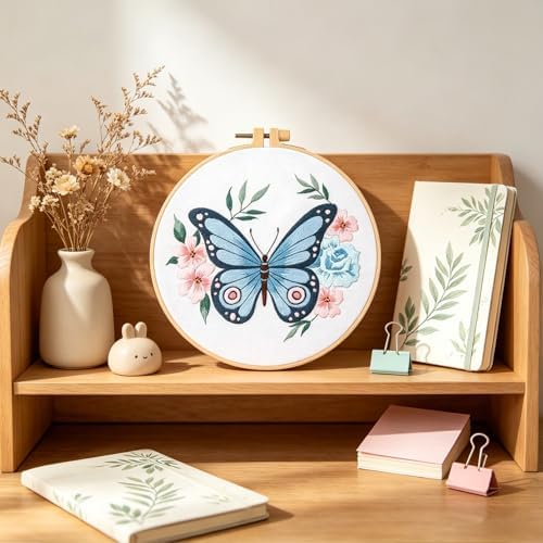 Silentsea Blue Butterfly Embroidery Kit for Beginners – Complete DIY Stitching Craft Set with Pre-Printed Fabric, Hoop, Threads & Video Tutorial – Ideal for Home Decor & Handmade Gifts