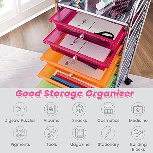 Storage Cart, Rolling Utility Cart with 10 Drawers, Portable Handles & Lockable Wheels, Mobile Paper Toys Storage Organizer Large Capacity for Home Office School Teacher (Rainbow)