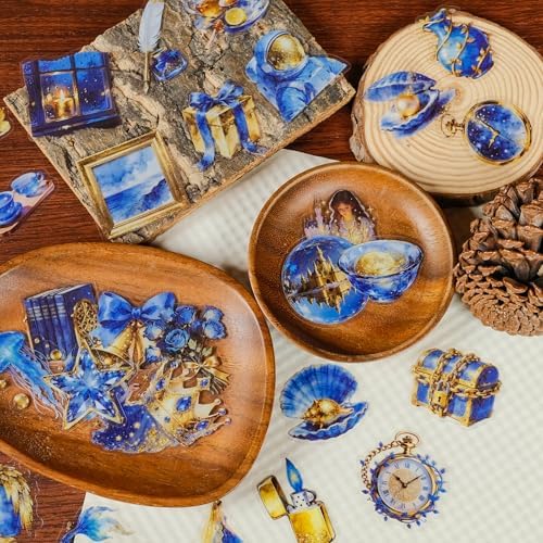 56 PCS Blue Gold Fantasy Magical Celestial Clear Stickers, Dreamy Watercolor Fairytale Aesthetic Scrapbook Stickers for Journaling Planner Laptop Decor