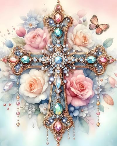 MBNTJHT DIY Cross Paint by Numbers Kit on Canvas for Adults,Easy Flowers Cross Paint by Number Kits for Beginners,Digital Oil Painting Kits for Home Wall Decor 16X20 Inch.