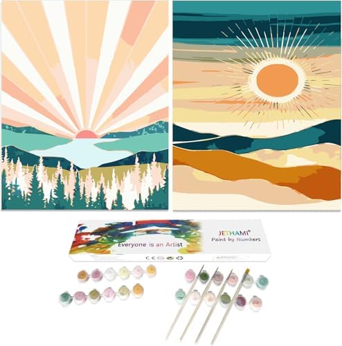 Jethami 2 Pack Paint by Numbers Kit for Adults Beginner, Mountains Lake Sunset Landscape DIY Canvas Art Kit for Home Decor 16x20 in