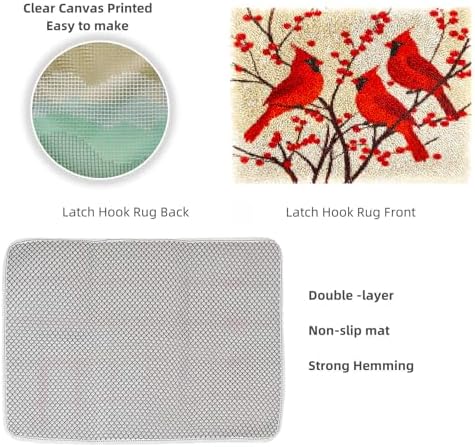 Latch Hook Rug Kit for Adults Red Cardinal on Red Berry Tree Pre-Printed Handmade Carpet Crochet Yarn Craft DIY Hook and Latch Door Mat Tapestry Home Floor Decoration 52x38cm(6)
